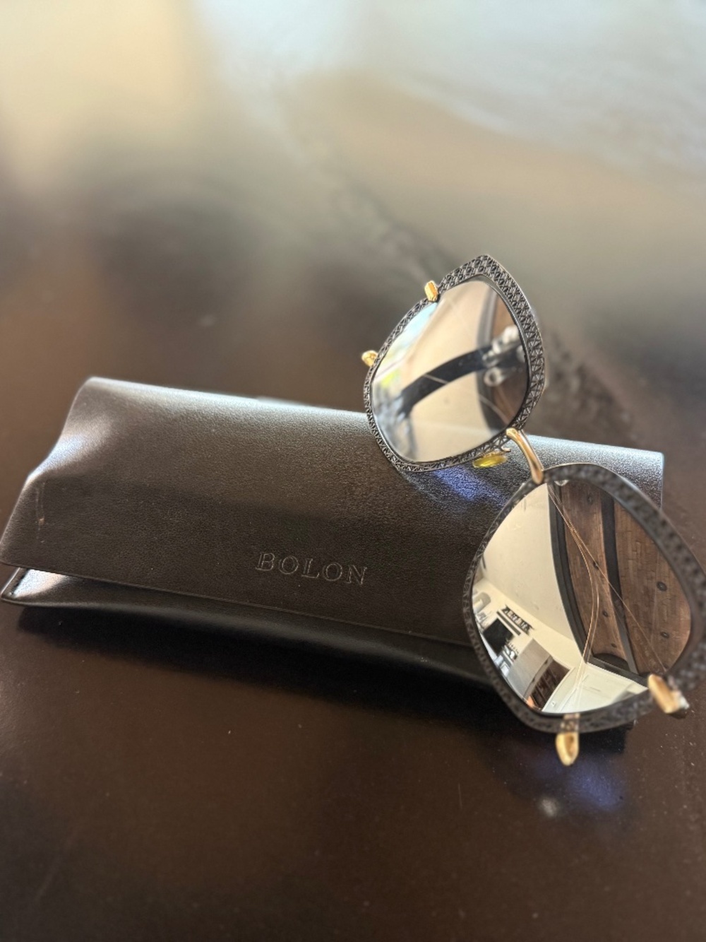 Bolon Black & Gold Geometric Designer Sunglasses w/Original Case